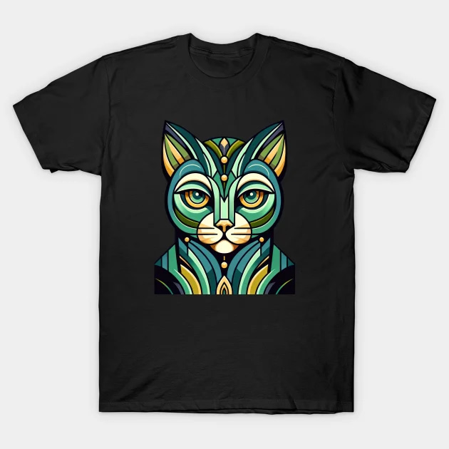 Deco Feline Fusion: Bold Geometric Cat in Fresh Colors T-Shirt